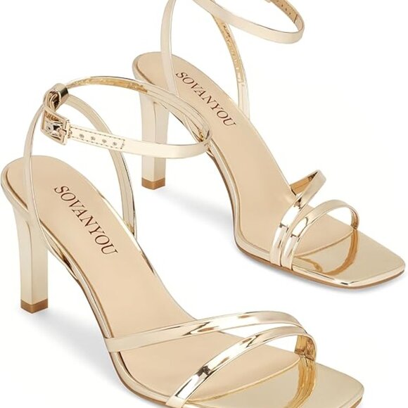 Women's Gold Heeled Sandals Dressy Square Open Toe Strappy High Heels SZ 7.5 - Picture 1 of 12